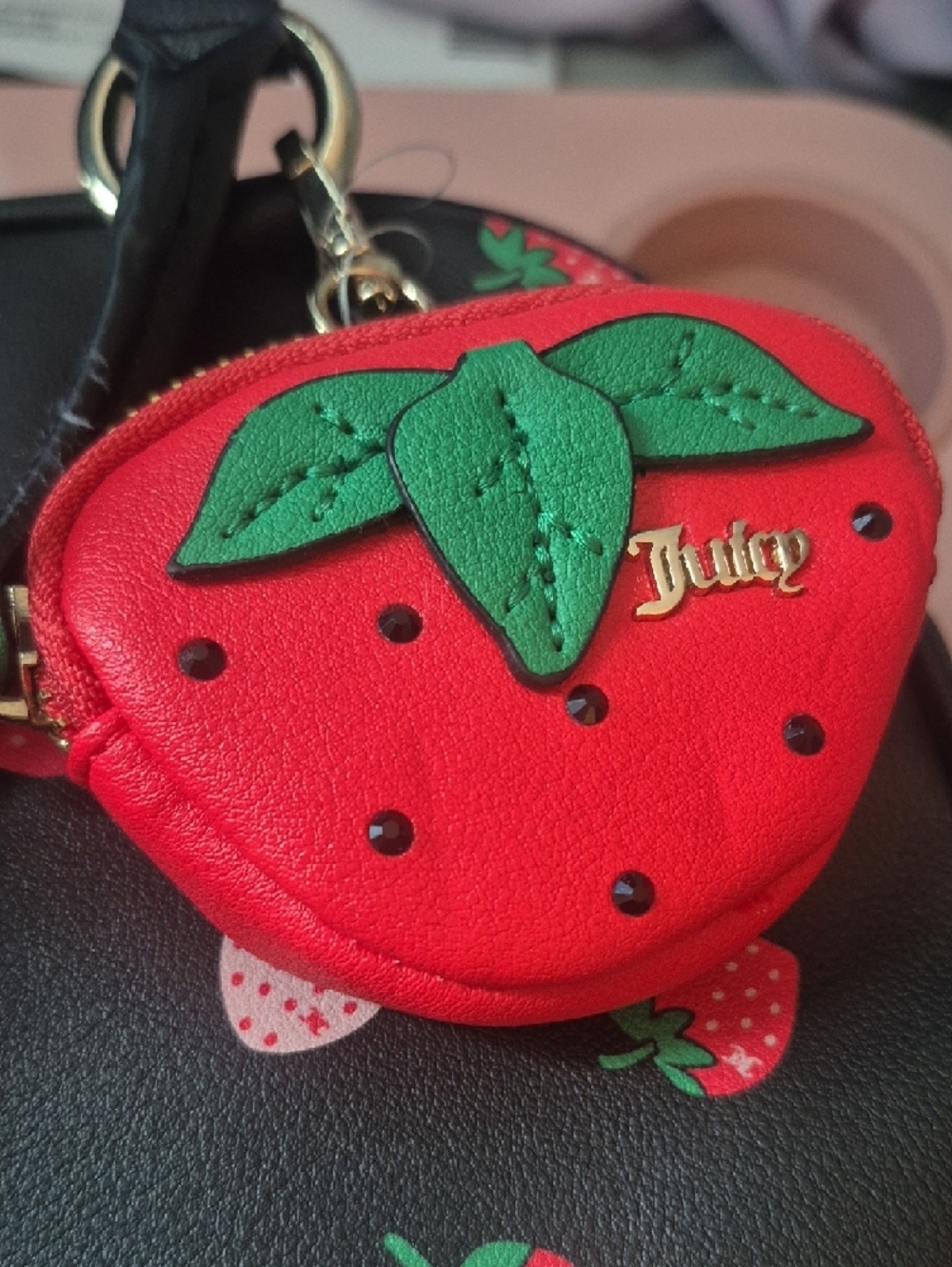 Juicy Couture Black Satchel with Red & Pink Strawberry Print - Picture 3 of 5